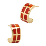 Angled view of carnelian tile inlay gold wide huggie hoop earrings showing curved band profile — Jan Leslie