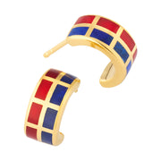 Angled view of carnelian and lapis lazuli tile inlay gold wide huggie hoop earrings — Jan Leslie