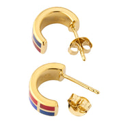 Carnelian and lapis lazuli tile inlay gold huggie hoop earrings, three-quarter studio view — Jan Leslie