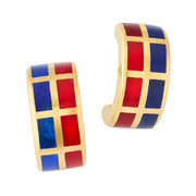 Carnelian and lapis lazuli tile inlay wide huggie hoop earrings in gold grid setting — Jan Leslie