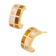 Tiger's eye and pink mother-of-pearl tile inlay wide huggie hoop earrings in gold grid setting — Jan Leslie