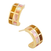 Tiger's eye and pink mother-of-pearl tile inlay wide huggie hoop earrings in gold grid setting — Jan Leslie