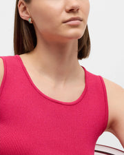 Model in pink ribbed tank wearing amazonite and pink mother-of-pearl tile inlay gold huggie hoop earrings — Jan Leslie
