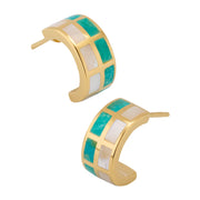 Turquoise and white mother-of-pearl tile inlay wide huggie hoop earrings in gold grid setting — Jan Leslie