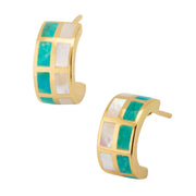 Turquoise and white mother-of-pearl tile inlay wide huggie hoop earrings in gold grid setting — Jan Leslie
