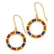 Multicolor enamel open-circle drop earrings on gold French wire — Jan Leslie