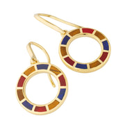 Multicolor enamel segmented open-circle drop earrings on gold French wire, studio view — Jan Leslie
