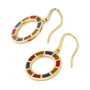 Multicolor enamel open-circle gold drop earrings, angled studio view — Jan Leslie