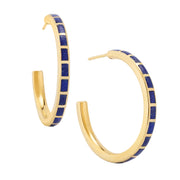 Small gold hoop earrings with blue lapis rectangular tile inlays — Jan Leslie