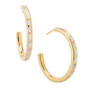 Small gold hoop earrings with white mother-of-pearl rectangular tile inlays — Jan Leslie