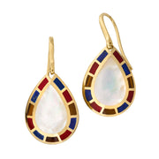 Pear Mother-of-Pearl Center Red Coral Lapis Lazuli Tiger's Eye Multicolor Mosaic Halo 18K Gold French Hook Drop Earrings
