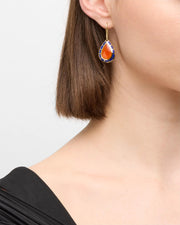 Pear Carnelian Cabochon Center Lapis Lazuli Mosaic Halo Inlay 18K Gold French Hook Drop Earrings on Model - Jan Leslie