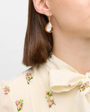 Pear Mother-of-Pearl Center Red Coral Mosaic Halo Inlay 18K Gold French Hook Drop Earrings on Model - Jan Leslie 