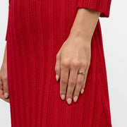 Model in red knit dress wearing multicolor stone tile inlay gold band ring — Jan Leslie