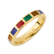Angled view of multicolor stone tile inlay gold band ring showing lapis, carnelian, and tiger's eye — Jan Leslie