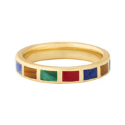 Multicolor stone tile inlay gold band ring with lapis, tiger's eye, malachite, and carnelian — Jan Leslie