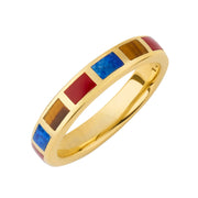 Multicolor stone tile inlay gold band ring showing lapis, carnelian, and tiger's eye — Jan Leslie