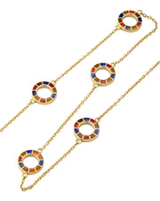 Multicolor enamel five open-circle station gold necklace, angled studio view — Jan Leslie