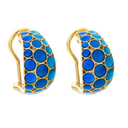 18K gold vermeil blue mother-of-pearl bubble wide huggie hoop earrings pair face-on view showing full cool cobalt blue MOP bubble mosaic and warm gold lattice frame by Jan Leslie