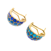  18K gold vermeil blue mother-of-pearl bubble wide huggie hoop earrings pair angled view showing cool cobalt blue MOP bubble mosaic warm gold lattice frame and post-and-butterfly back by Jan Leslie