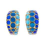 18K gold vermeil blue mother-of-pearl bubble wide huggie hoop earrings editorial view showing cool cobalt blue MOP bubble mosaic and warm gold lattice frame styled on model by Jan Leslie