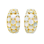 18K gold vermeil white mother-of-pearl bubble wide huggie hoop earrings pair face-on view showing full luminous white iridescent MOP bubble mosaic and warm gold lattice frame by Jan Leslie