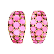 18K gold vermeil pink mother-of-pearl bubble wide huggie hoop earrings pair face-on view showing full vibrant pink MOP bubble mosaic and warm gold lattice frame by Jan Leslie