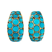 8K gold vermeil turquoise mother-of-pearl bubble wide huggie hoop earrings pair face-on view showing full vibrant turquoise MOP bubble mosaic and warm gold lattice frame by Jan Leslie