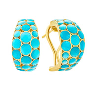 18K gold vermeil turquoise mother-of-pearl bubble wide huggie hoop earrings pair angled view showing turquoise MOP bubble mosaic warm gold lattice and post-and-butterfly back by Jan Leslie