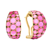  18K gold vermeil pink mother-of-pearl bubble wide huggie hoop earrings pair angled view showing vibrant pink MOP bubble mosaic and leverback latch closure by Jan Leslie