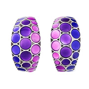 Sterling silver purple blue ombre mother-of-pearl bubble wide huggie hoop earrings pair face-on view showing pink-purple violet and cobalt blue ombre MOP bubble mosaic and oxidized silver lattice frame by Jan Leslie