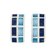 Sterling silver huggie hoop earrings with alternating lapis lazuli and blue mother-of-pearl checkerboard mosaic tile inlay by Jan Leslie.