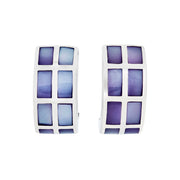 Pair of wide silver huggie hoop earrings with grid-pattern purple mother of pearl rectangular tile inlay, front-facing view