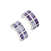 Pair of wide silver huggie hoop earrings with grid-pattern purple mother of pearl rectangular tile inlay, angled view.