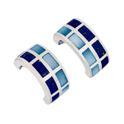  Sterling silver huggie hoop earrings with alternating lapis lazuli and blue mother-of-pearl checkerboard mosaic tile inlay by Jan Leslie.