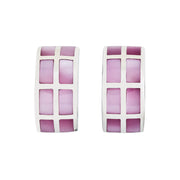 Sterling silver lavender mother-of-pearl grid wide hoop earrings pair face-on view showing full 3×4 lavender-purple MOP tile grid and polished silver frame by Jan Leslie