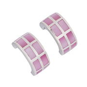 Sterling silver lavender mother-of-pearl grid wide hoop earrings pair angled view showing iridescent lavender-purple MOP tile grid and polished silver frame by Jan Leslie