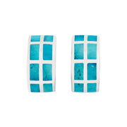 Sterling silver turquoise mother-of-pearl grid wide hoop earrings pair face-on view showing full 3×4 vibrant turquoise MOP tile grid and polished silver frame by Jan Leslie