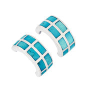 Sterling silver turquoise mother-of-pearl grid wide hoop earrings pair angled view showing vibrant turquoise MOP tile grid and polished silver frame by Jan Leslie