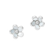 Sterling silver five-petal flower stud earrings with lustrous white mother-of-pearl inlay petals and a textured rope-knot center accent.