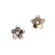Sterling silver five-petal flower stud earrings with warm brown mother-of-pearl inlay petals and a textured rope-knot center accent.
