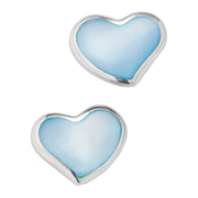 Deep blue mother-of-pearl heart inlay stud earrings in sterling silver bezel setting — Jan Leslie