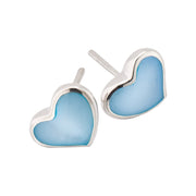 Deep blue mother-of-pearl heart inlay stud earrings in sterling silver bezel setting — Jan Leslie
