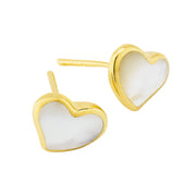 White mother-of-pearl heart inlay stud earrings in gold bezel setting with butterfly backs — Jan Leslie