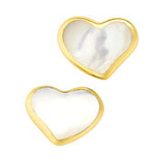 White mother-of-pearl heart inlay stud earrings in gold bezel setting with butterfly backs — Jan Leslie