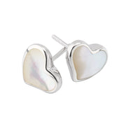 White mother-of-pearl heart inlay stud earrings in sterling silver bezel setting — Jan Leslie