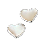 White mother-of-pearl heart inlay stud earrings in sterling silver bezel setting — Jan Leslie