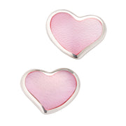 Pink mother-of-pearl heart inlay stud earrings in sterling silver bezel setting — Jan Leslie