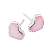 Pink mother-of-pearl heart inlay stud earrings in sterling silver bezel setting — Jan Leslie