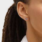 Rose gold vermeil grey mother of pearl heart stud earring close-up on ear with natural light, Jan Leslie luxury women's fine jewelry lifestyle.